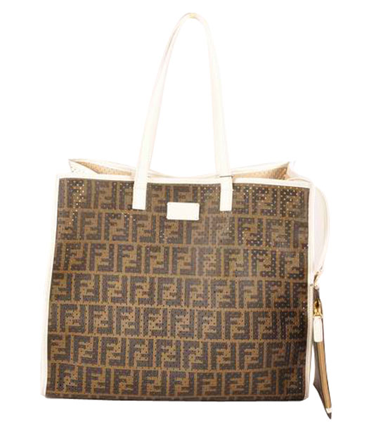Fendi Large Shopping Bag Coffee F Fabric Covered By Holes With White Leather