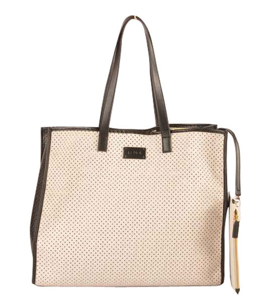 Fendi Large Shopping Bag White Calfskin Covered By Holes With Black Leather