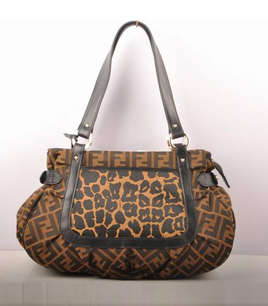 Fendi Leopard Print Fabric with Black Leather Tote Bag