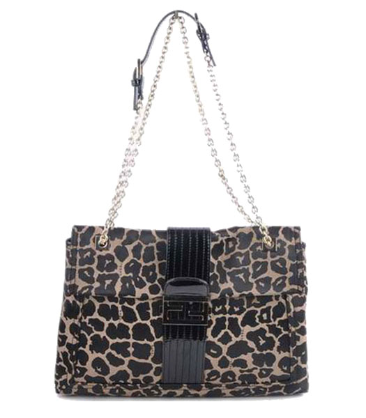 Fendi Maxi Baguette Shoulder Bag Leopard Fabric with Black Patent Leather