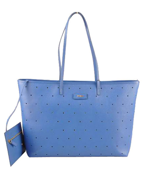 Fendi Medium Shopping Bag Blue Calfskin Leather Covered By Holes