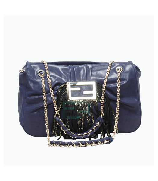 Fendi Mia Zucca Logo Leather Shoulder Bag Blue Leather