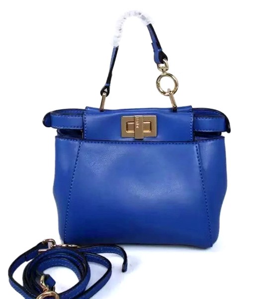 Fendi Micro Peekaboo Blue Leather Small Tote Bag Golden Metal