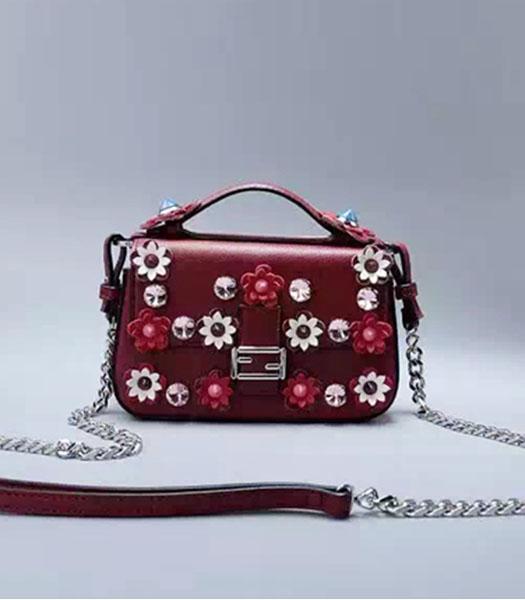 Fendi Mirco Double Baguette Jujube Red&Nude Pink Leather Flowers Small Bag