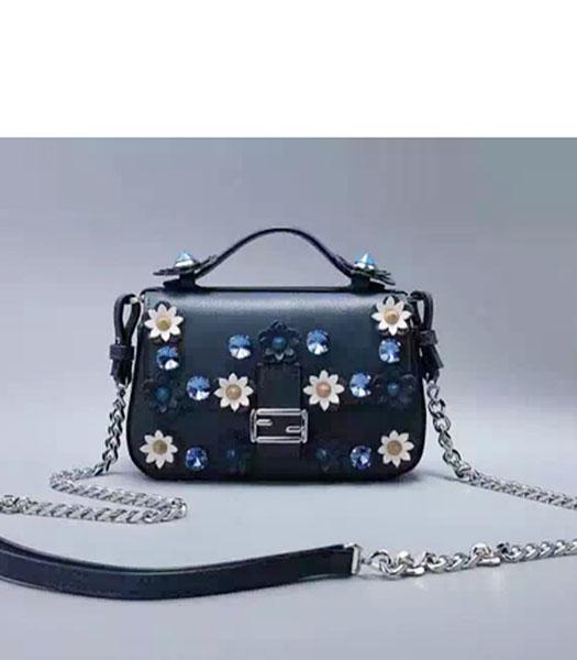 Fendi Mirco Double Baguette Sapphire Blue&Grey Leather Flowers Small Bag