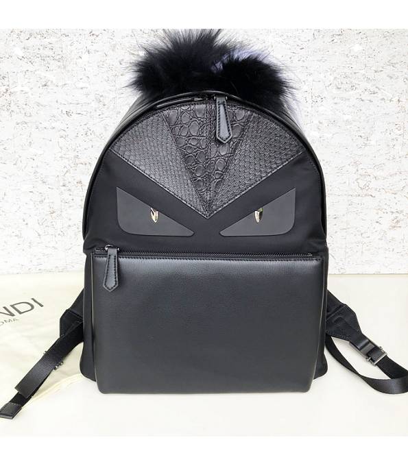 Fendi Monster Eye Black Original Mix Veins Leather Backpack With Hair Ball