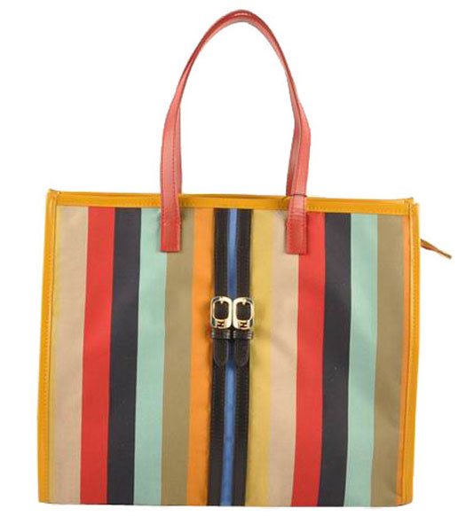 Fendi Multicolor Fabric With RedBlack Leather Large Shopping Bag