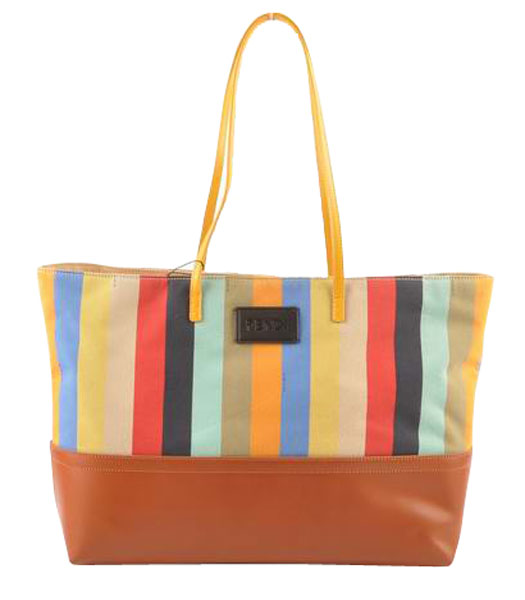 Fendi Multicolor Striped Fabric With Earth Yellow Leather Shoulder Bag