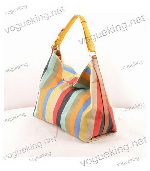 Fendi Multicolor Striped Fabric With Earth YellowYellow Leather Large Hobo Bag-1