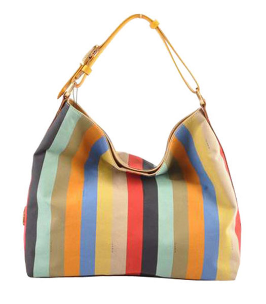 Fendi Multicolor Striped Fabric With Earth YellowYellow Leather Large Hobo Bag