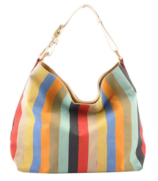 Fendi Multicolor Striped Fabric With RedOffwhite Leather Large Hobo Bag