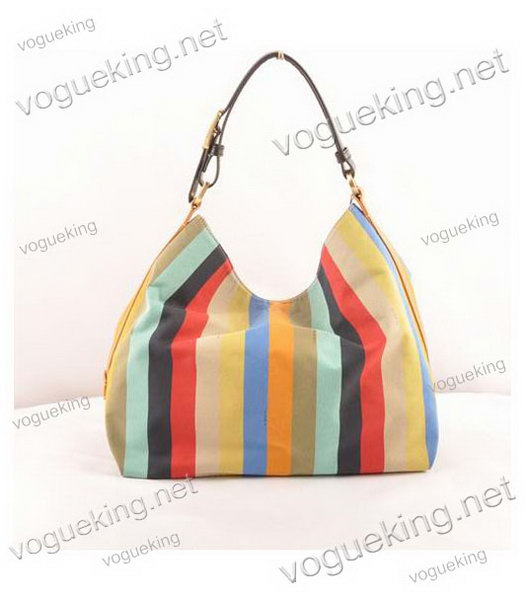 Fendi Multicolor Striped Fabric With YellowBlack Leather Large Hobo Bag-2