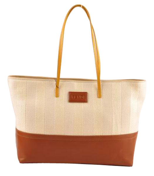 Fendi Offwhite Striped Linen With Earth Yellow Leather Shoulder Bag