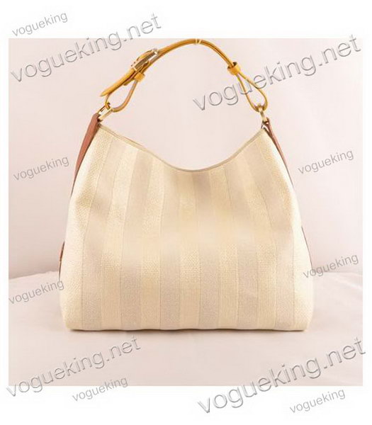 Fendi Offwhite Striped Linen With YellowEarth Yellow Leather Large Hobo Bag-2