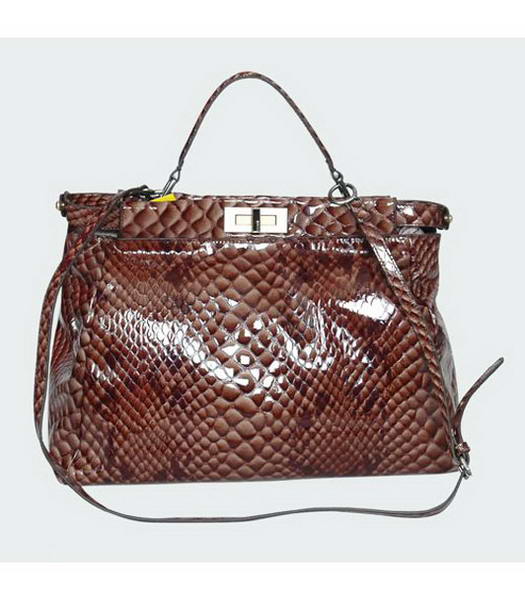 Fendi Patent Snake Leather Shoulder Bag Coffee