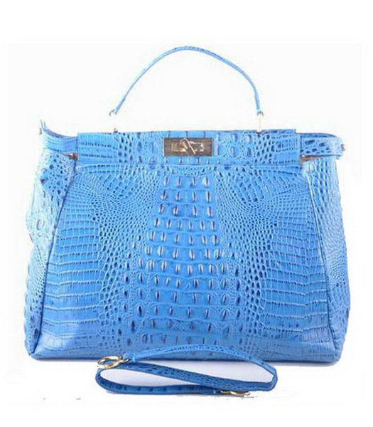 Fendi Peekaboo Blue Croc Veins Leather Large Tote Bag