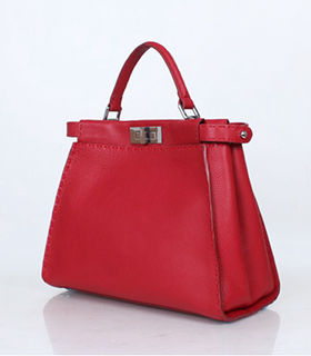Fendi Peekaboo Dark Red Litchi Pattern Leather Medium Tote Bag With Apricot Leather Inside