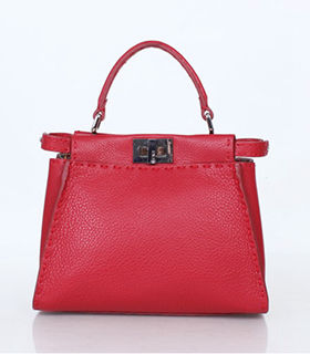 Fendi Peekaboo Dark Red Litchi Pattern Leather Small Tote Bag With Apricot Leather Inside