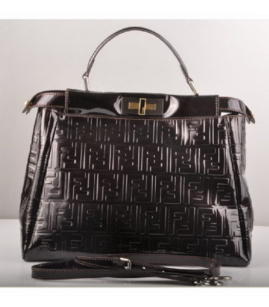 Fendi Peekaboo Embossed Patent Leather Tote Bag Black