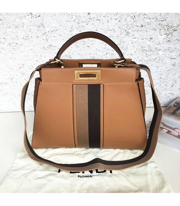 Fendi Peekaboo Iconic Pequin Stripe Brown Original Litchi Veins Leather 33cm Tote Shoulder Bag