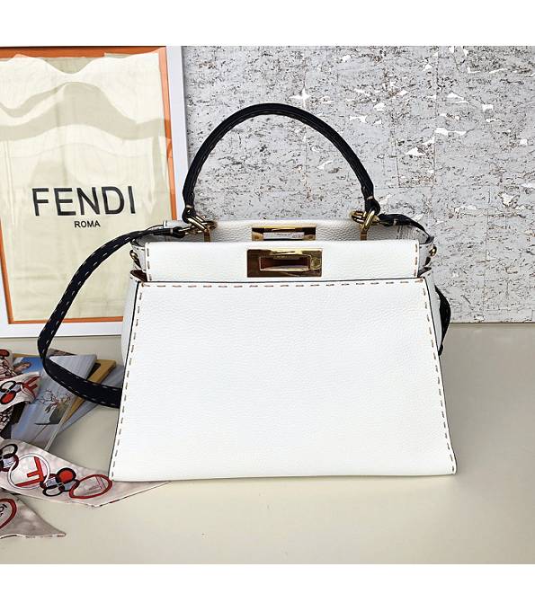 Fendi Peekaboo Iconic White Original Litchi Veins Leather 33cm Tote Shoulder Bag