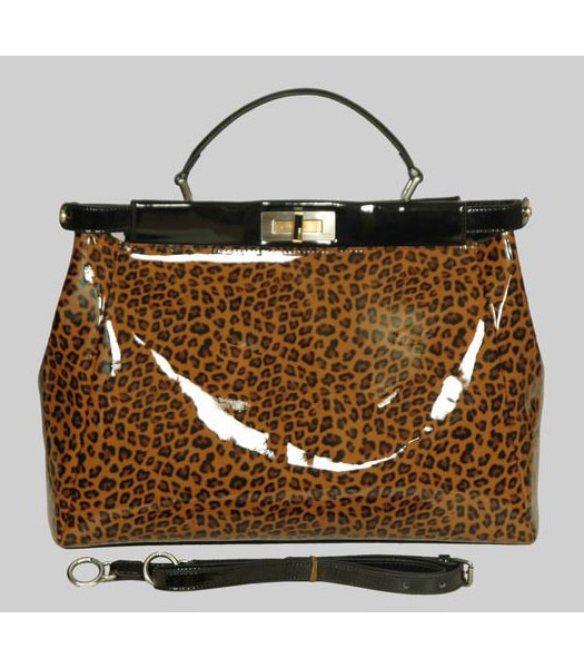 Fendi Peekaboo Tote Bag Coffee Leopard Patent Leather