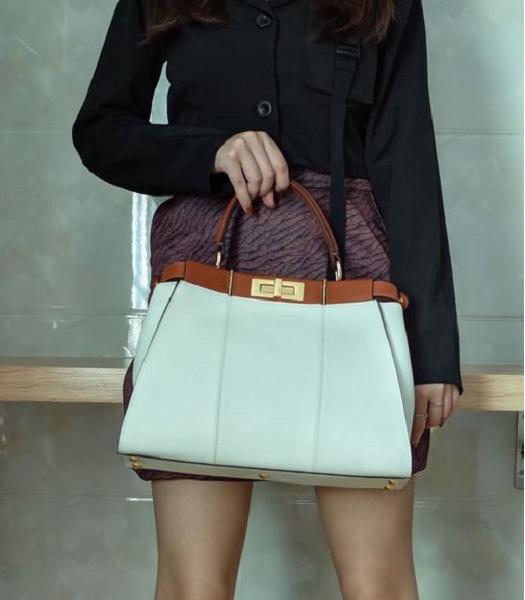 Fendi Peekaboo White Original Leather With Brown Croc Lether Opening 33cm Tote Shoulder Bag