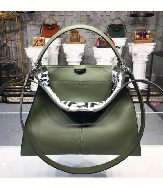 Fendi Peekaboo X-Lite Army Green Original Leather Silver Metal 38cm Tote Bag