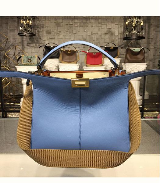 Fendi Peekaboo X-Lite Blue Original Leather Golden Metal 30cm Tote Bag