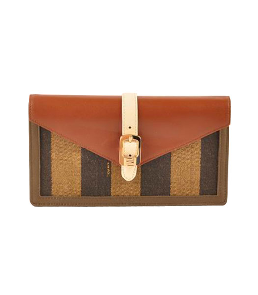 Fendi Pequin Envelope Striped Fabric With Light Coffee Leather Clutch
