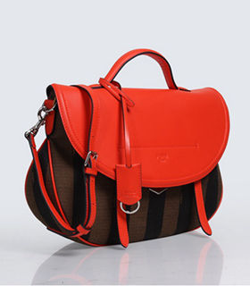 Fendi Pequin Stripe Fabric With Orange Red Original Leather Shoulder Bag