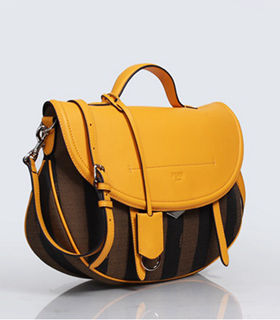 Fendi Pequin Stripe Fabric With Sunflower Yellow Original Leather Shoulder Bag