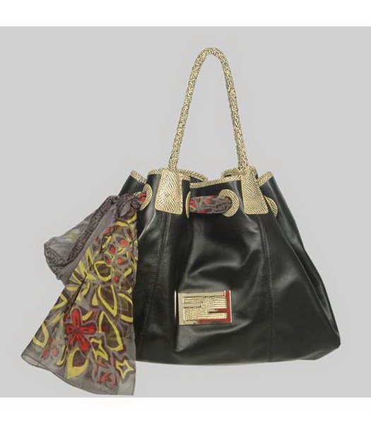 Fendi Shoulder Bag Silver Black Lambskin&Scarf