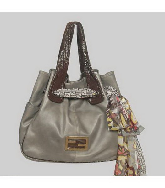 Fendi Shoulder Bag Silver Grey Lambskin&Scarf