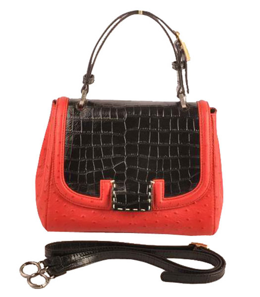Fendi Silvana Black Croc And Red Ostrich Veins Leather Bag