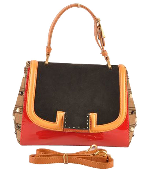 Fendi Silvana Black Suede With Red Patent Leather Bag