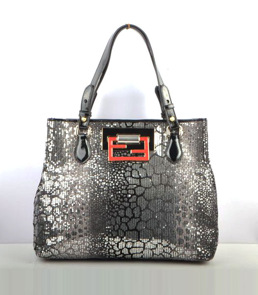 Fendi Silver Color Beads with Black Leather Handbag