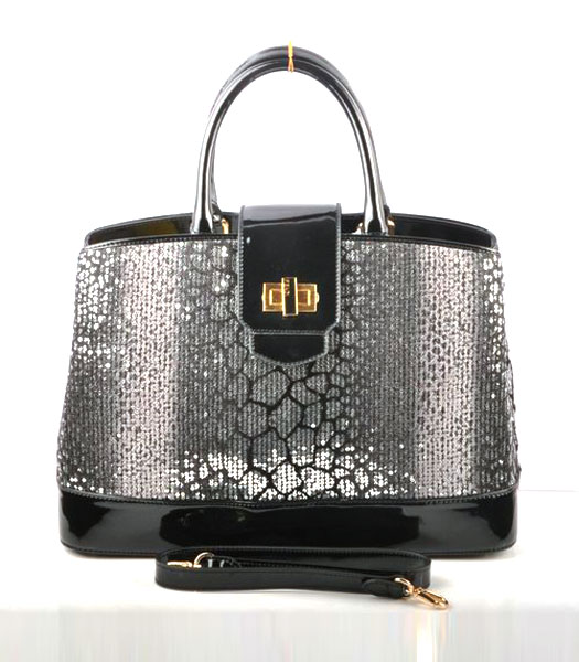 Fendi Silver Color Beads with Black Leather Tote Bag 