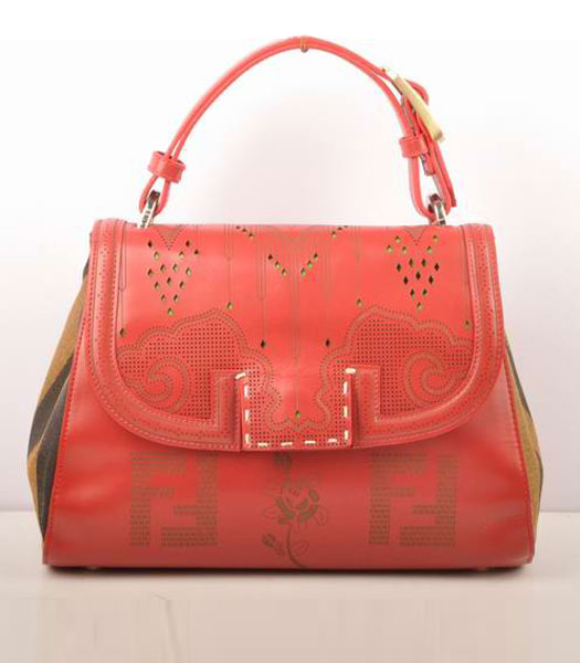 Fendi Stripe Fabric with Red Patent Leather Shoulder Bag