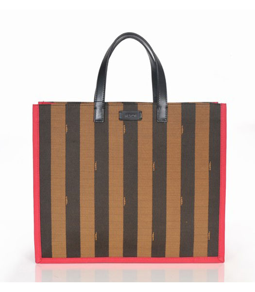 Fendi Striped Fabric With Red Leather Large Tote Bag
