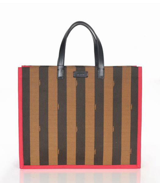 Fendi Striped Fabric With Red Leather Medium Tote Bag