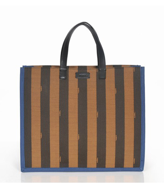 Fendi Striped Fabric With Sapphire Blue Leather Large Tote Bag