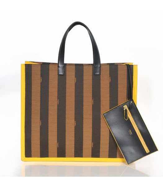 Fendi Striped Fabric With Yellow Leather Large Tote Bag
