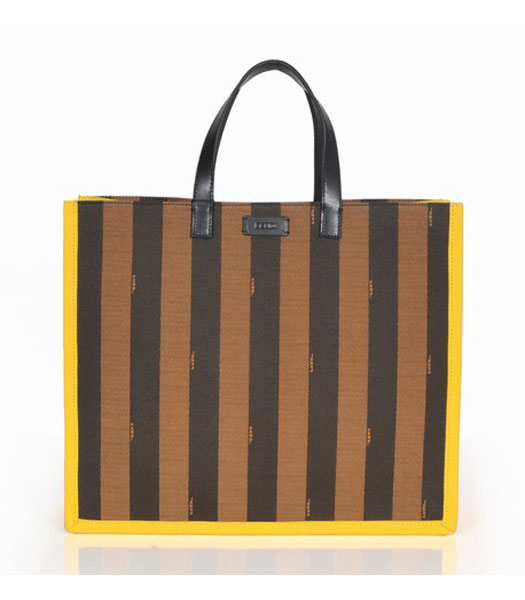Fendi Striped Fabric With Yellow Leather Medium Tote Bag