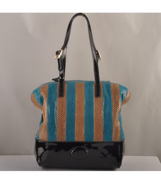 Fendi Tote Bag Blue&Coffee Snake Leather with Black Patent Leather