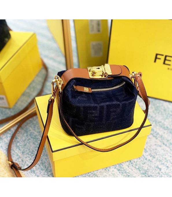 Fendi Vintage Blue FF Fabric With Brown Original Leather 17cm Mini Shoulder Bag