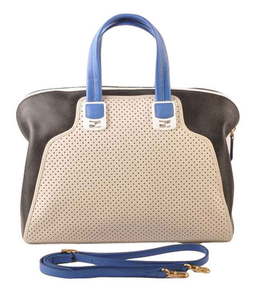 Fendi White Calfskin Covered By Holes With Black Leather Tote Bag