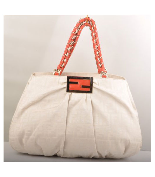 Fendi White F Canvas Shoulder Bag with Red Oil Leather Trim