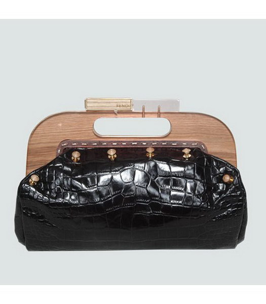 Fendi Wood Handle Tote Bag Croc Veins Leather Black