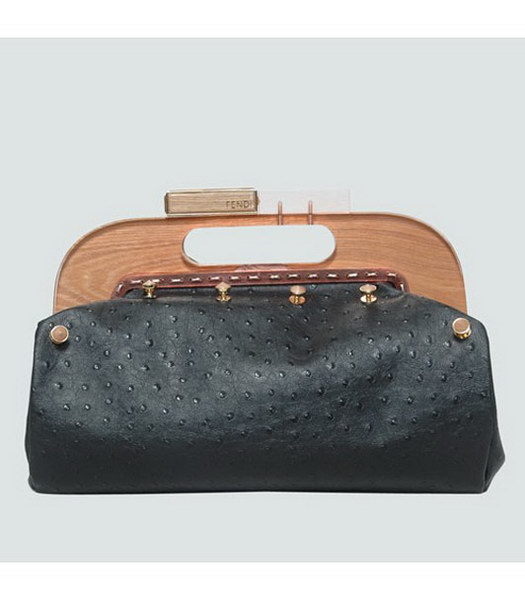 Fendi Wood Handle Tote Bag Ostrich Veins Leather Black